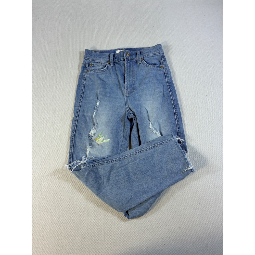 7 For All Mankind‎ High Waist Cropped Straight Distressed Bird Jeans Size 25